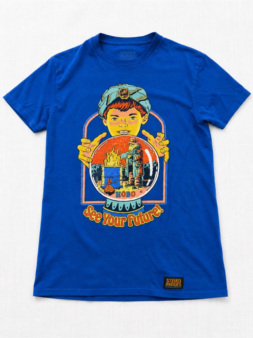 Steven Rhodes See Your Future Hobo Graphic Tee Blue Retro Dark Humor Size Small